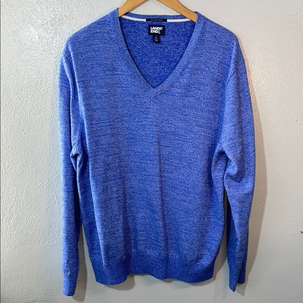 Coastal Lightweight Marled V Neck Knit Sweater Blue Long Sleeve Large Lands End